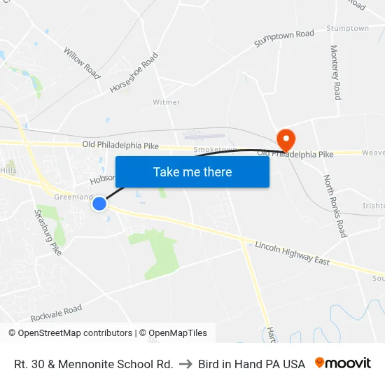 Rt. 30 & Mennonite School Rd. to Bird in Hand PA USA map