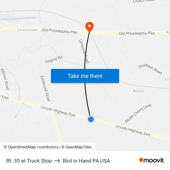 Rt. 30 at Truck Stop to Bird in Hand PA USA map