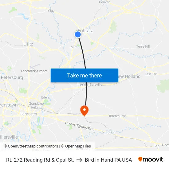 Rt. 272 Reading Rd & Opal St. to Bird in Hand PA USA map