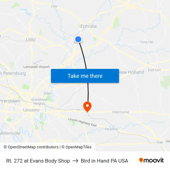 Rt. 272 at Evans Body Shop to Bird in Hand PA USA map