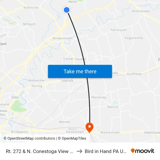 Rt. 272 & N. Conestoga View Dr. to Bird in Hand PA USA map