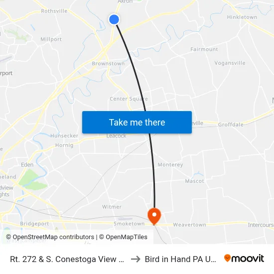 Rt. 272 & S. Conestoga View Dr. to Bird in Hand PA USA map