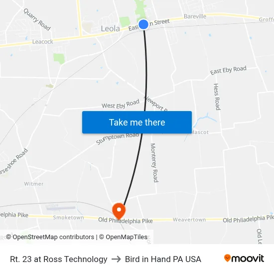 Rt. 23 at Ross Technology to Bird in Hand PA USA map