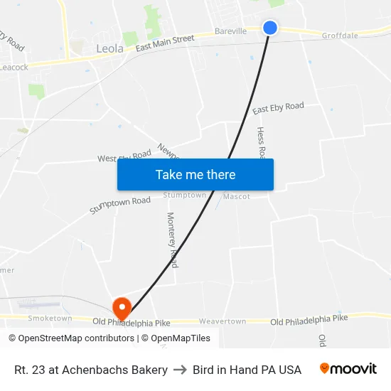 Rt. 23 at Achenbachs Bakery to Bird in Hand PA USA map