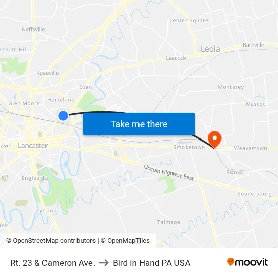 Rt. 23 & Cameron Ave. to Bird in Hand PA USA map