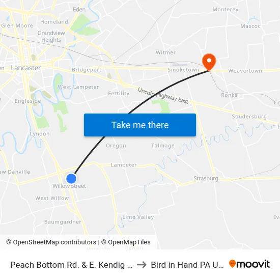 Peach Bottom Rd. & E. Kendig Rd. to Bird in Hand PA USA map