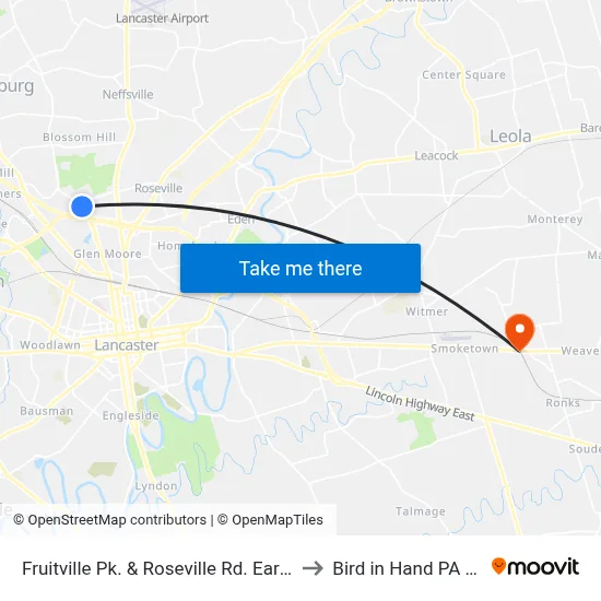 Fruitville Pk. & Roseville Rd. Early AM to Bird in Hand PA USA map