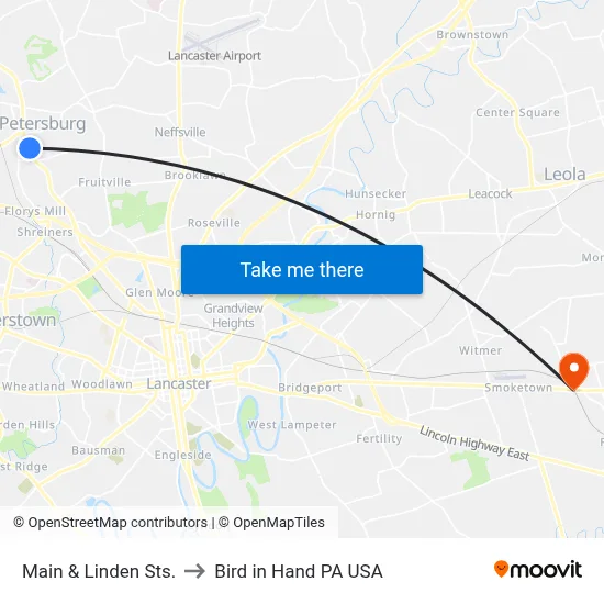 Main & Linden Sts. to Bird in Hand PA USA map