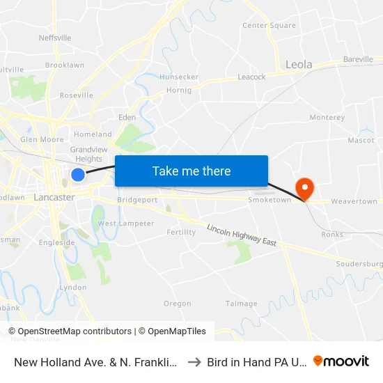 New Holland Ave. & N. Franklin St. to Bird in Hand PA USA map