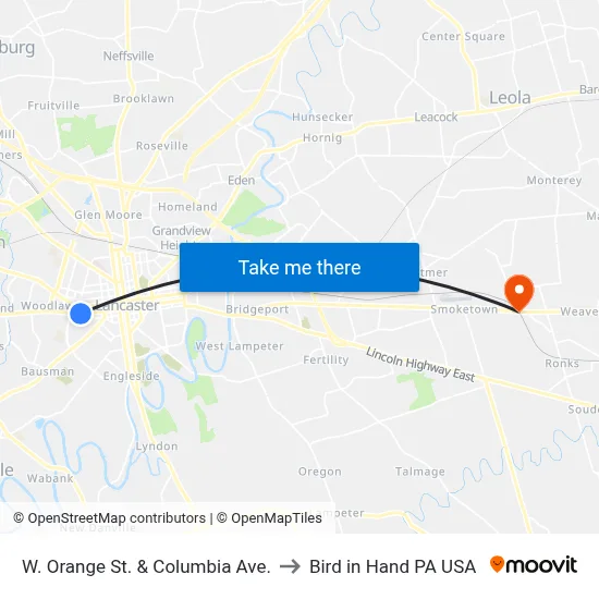 W. Orange St. & Columbia Ave. to Bird in Hand PA USA map