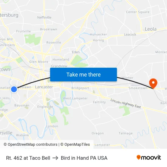 Rt. 462 at Taco Bell to Bird in Hand PA USA map