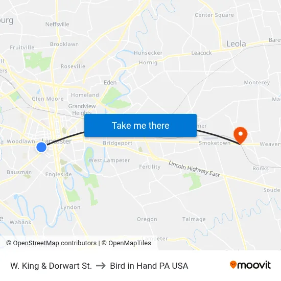 W. King & Dorwart St. to Bird in Hand PA USA map