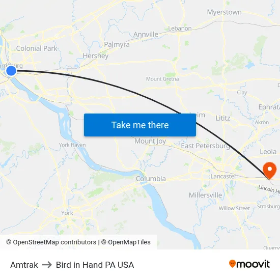 Amtrak to Bird in Hand PA USA map