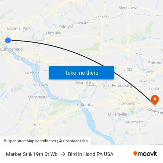 Market St & 19th St Wb to Bird in Hand PA USA map