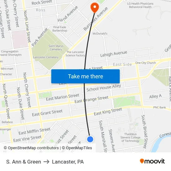 S. Ann & Green to Lancaster, PA map
