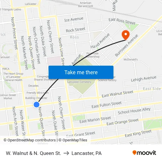 W. Walnut & N. Queen St. to Lancaster, PA map