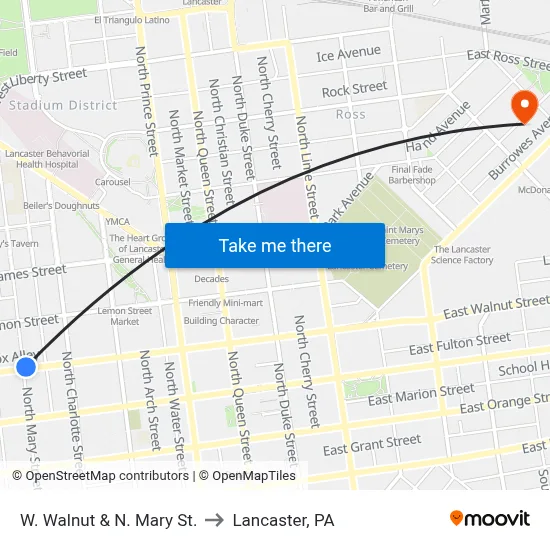 W. Walnut & N. Mary St. to Lancaster, PA map