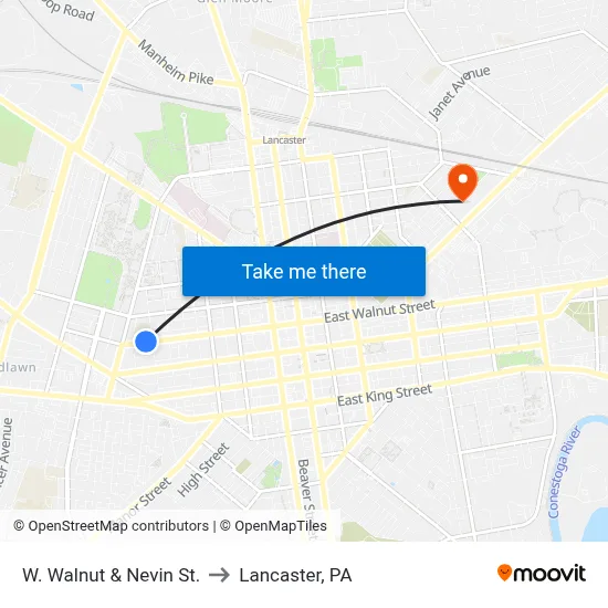 W. Walnut & Nevin St. to Lancaster, PA map