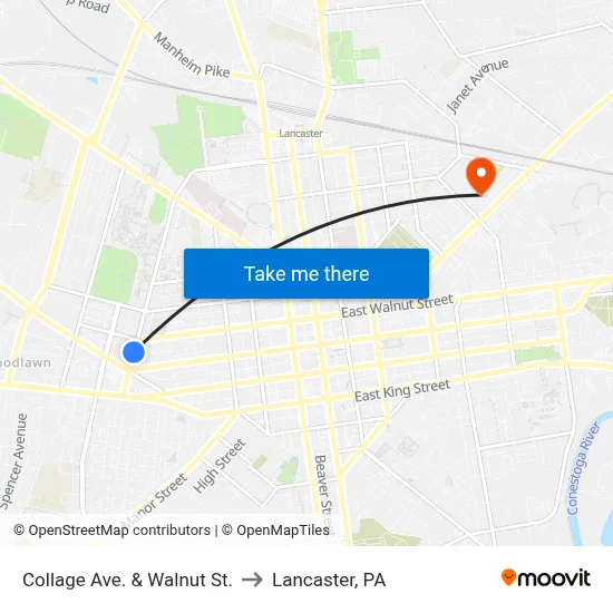 Collage Ave. & Walnut St. to Lancaster, PA map