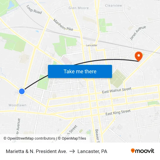 Marietta & N. President Ave. to Lancaster, PA map