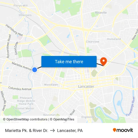 Marietta Pk. & River Dr. to Lancaster, PA map