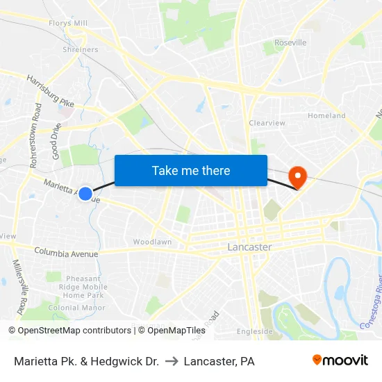 Marietta Pk. & Hedgwick Dr. to Lancaster, PA map