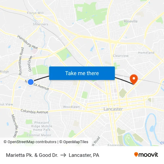 Marietta Pk. & Good Dr. to Lancaster, PA map