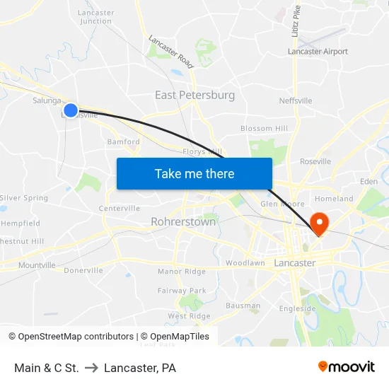 Main & C St. to Lancaster, PA map