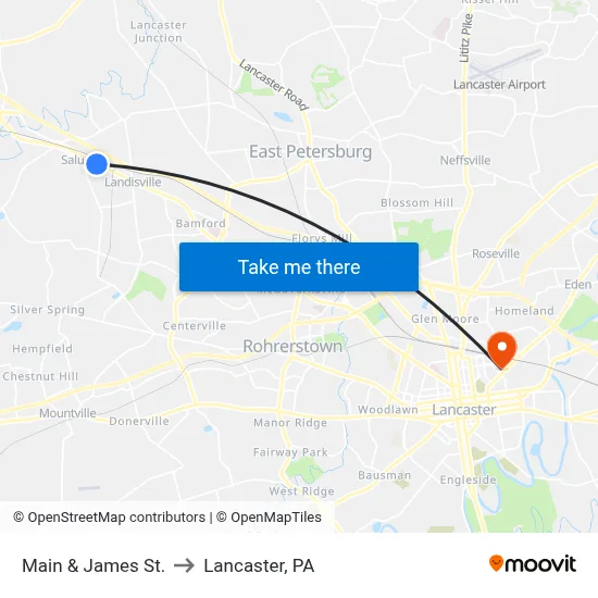Main & James St. to Lancaster, PA map