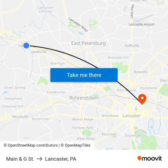 Main & G St. to Lancaster, PA map
