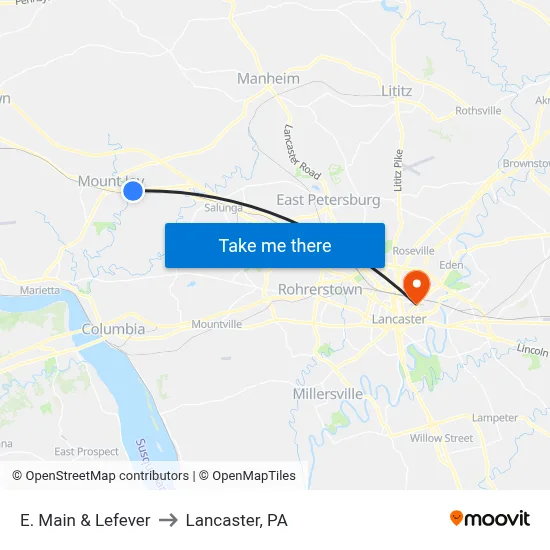 E. Main & Lefever to Lancaster, PA map