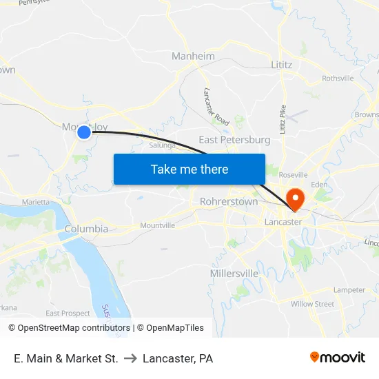 E. Main & Market St. to Lancaster, PA map