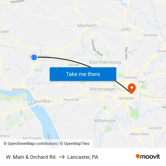 W. Main & Orchard Rd. to Lancaster, PA map