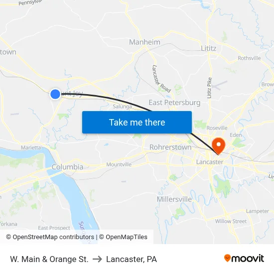 W. Main & Orange St. to Lancaster, PA map