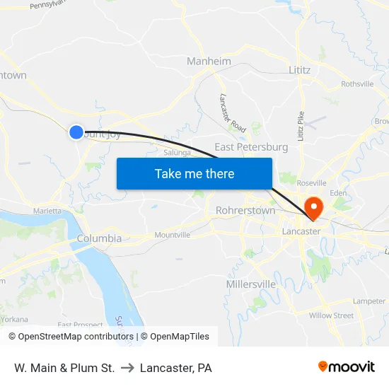 W. Main & Plum St. to Lancaster, PA map