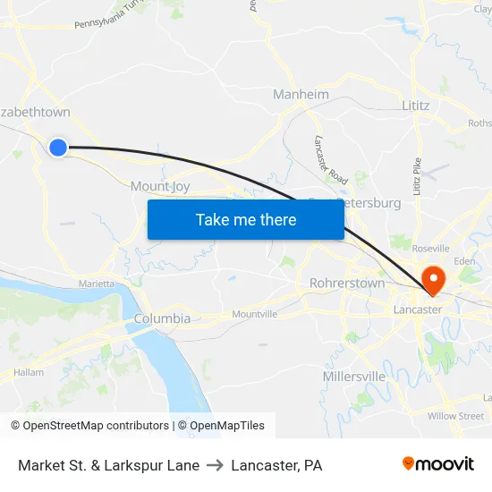 Market St. & Larkspur Lane to Lancaster, PA map