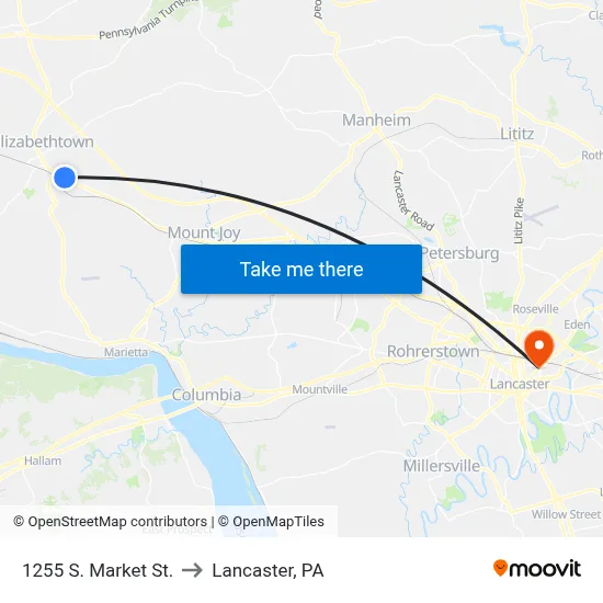 1255 S. Market St. to Lancaster, PA map