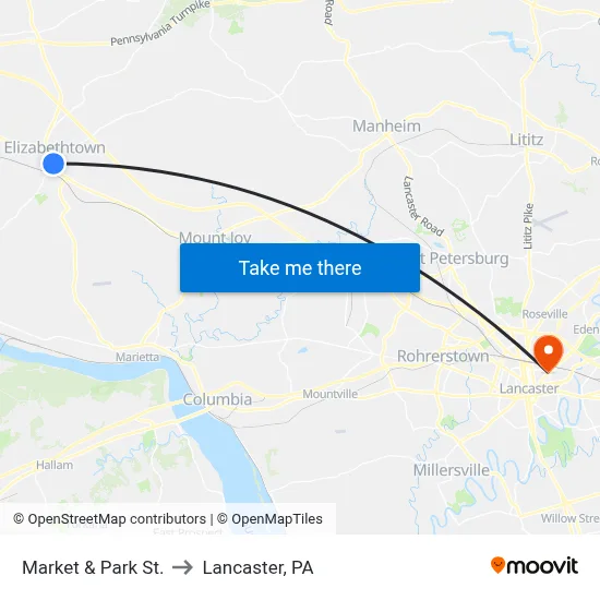 Market & Park St. to Lancaster, PA map
