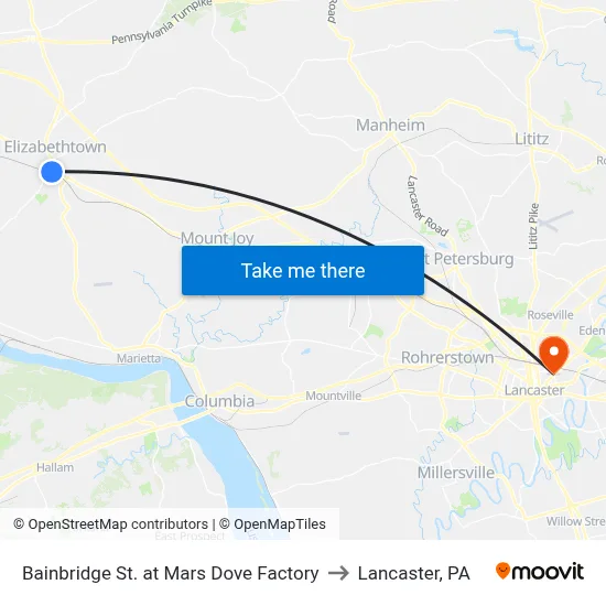 Bainbridge St. at Mars Dove Factory to Lancaster, PA map