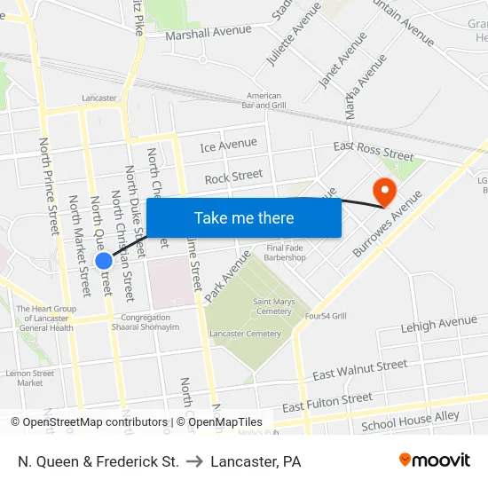 N. Queen & Frederick St. to Lancaster, PA map