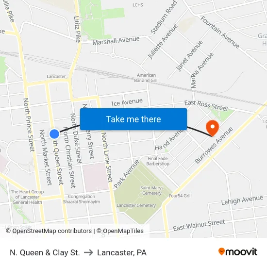 N. Queen & Clay St. to Lancaster, PA map