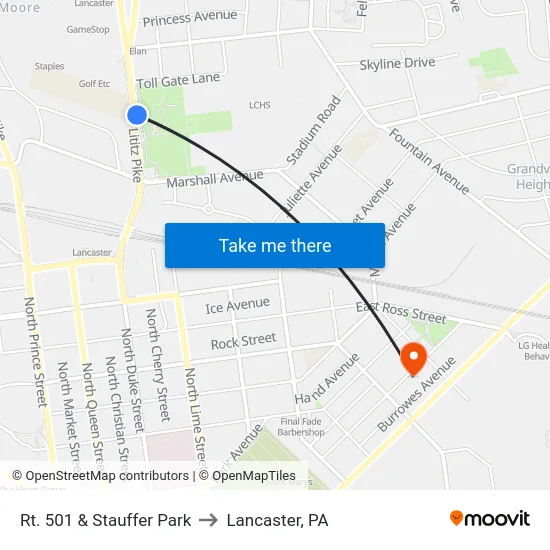 Rt. 501 & Stauffer Park to Lancaster, PA map