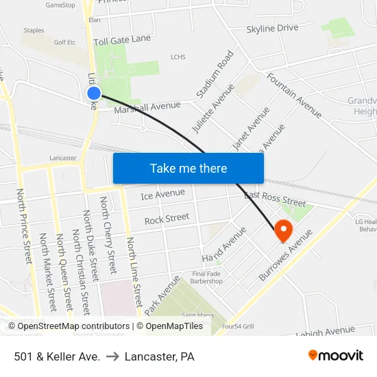501 & Keller Ave. to Lancaster, PA map