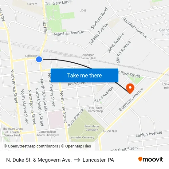 N. Duke St. & Mcgovern Ave. to Lancaster, PA map