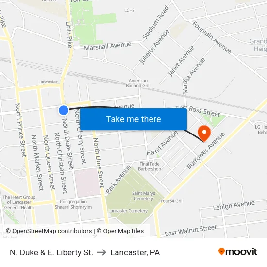 N. Duke & E. Liberty St. to Lancaster, PA map