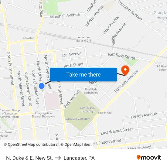 N. Duke & E. New St. to Lancaster, PA map