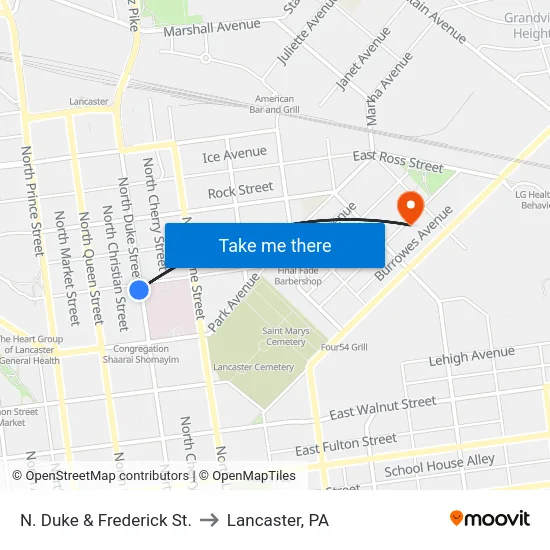 N. Duke & Frederick St. to Lancaster, PA map
