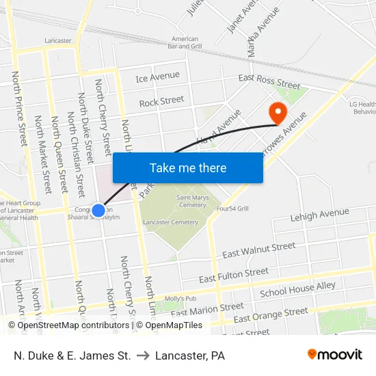 N. Duke & E. James St. to Lancaster, PA map