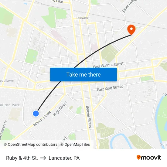 Ruby & 4th St. to Lancaster, PA map