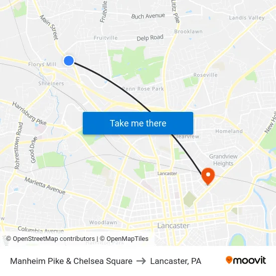 Manheim Pike & Chelsea Square to Lancaster, PA map